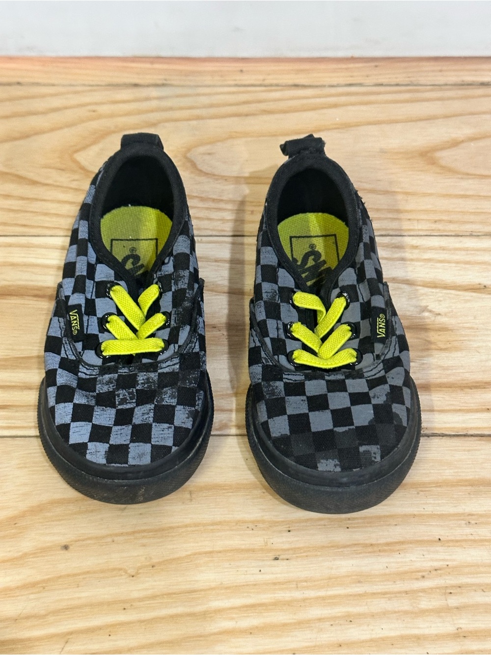 Vans Kids Black & Gray Checkerboard Slip-On Sneakers with Neon Yellow Laces